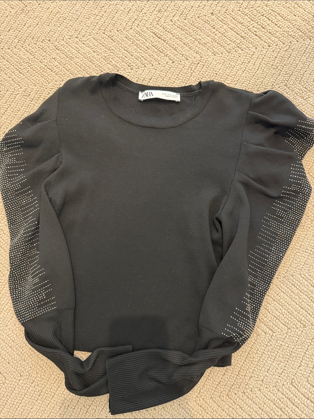 Zara Black Puff-Sleeve Sweater with Studded Sleeve Detail